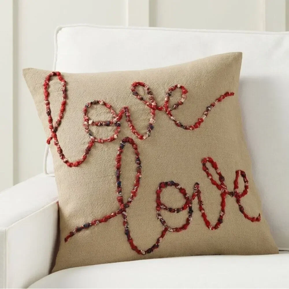 Pottery Barn Love Script Reversible Tan Red Plaid Pillow Cover Cotton Linen NWT